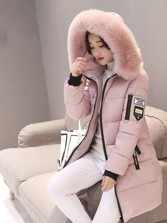 Women Winter Fur Collar Hooded Parka Fashion Letter PatZipper Pockets Design Long Jacket  Slim Warm Thick Female Coats