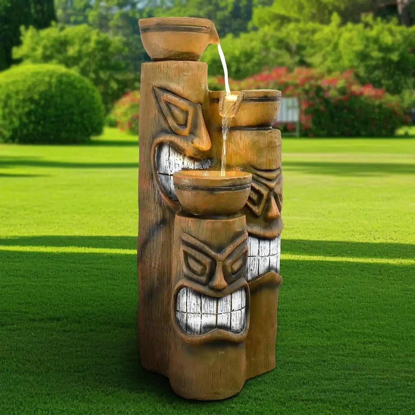 35.4 ''Height 3 Tier Concrete Tiki Bowl Fountain Outdoor Decor Waterfall Landscape With Led Lights For Indoor Outdoor Home Decor