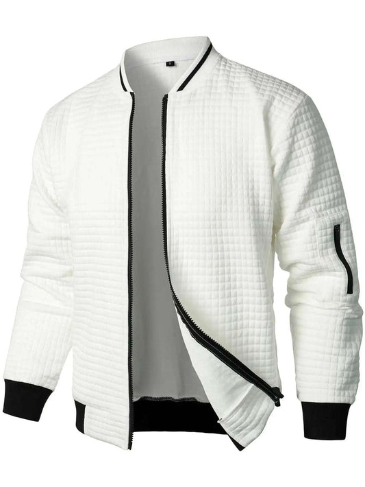 Mentand Collar Zip-Up Sweatshirt Jacket Fashion Plaid/Solid Color Cardigan