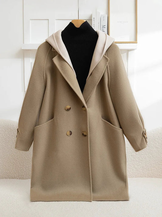 Cashmere Coat Made Of Pure Wool, Korean Style, Long Women Mid-Length Double-Sided Non-Stretch Fabric, Loose Fit