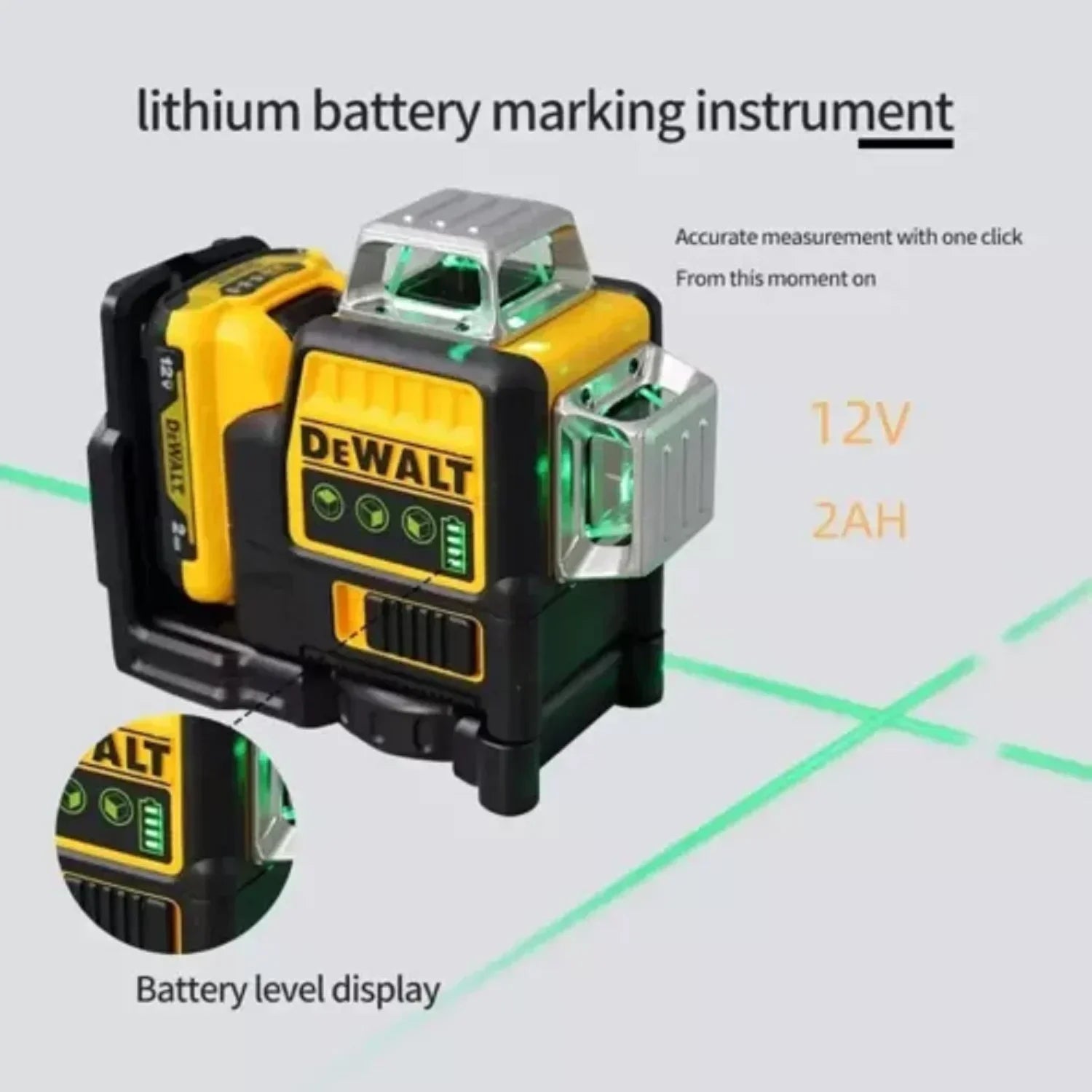 DW089LG 3 Sides*360 Degree Vertical 12V Lithium Battery 12 Lines Laser Level Horizontal Green Meter Outdoor