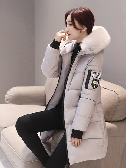 Women's Winter Fur Collar Hooded Parka Fashion Letter Patch Zipper Pockets Design Long Jacket  Slim Warm Thick Female Coats