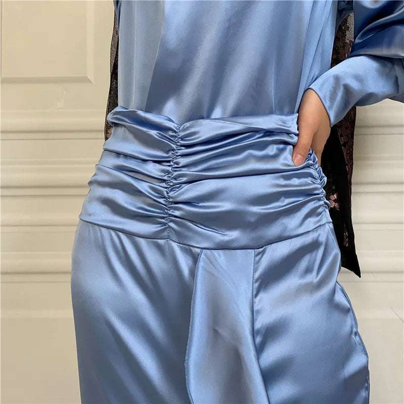 Islamic New Solid Satin/Round Neck Button up Shirt Elegant Long Dress With 3 Plies Pleated Slim Muslim Women's  Dress Set Robe