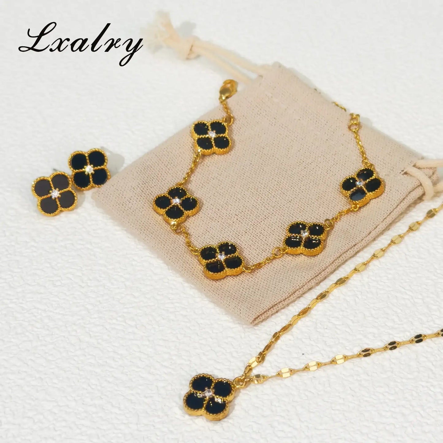 Lxalry 18K Gold Plated Black Four-Leaf Clover Jewelry Set for Womentainless Steel Cubic Zirconia Necklace, Bracelet & Stud E