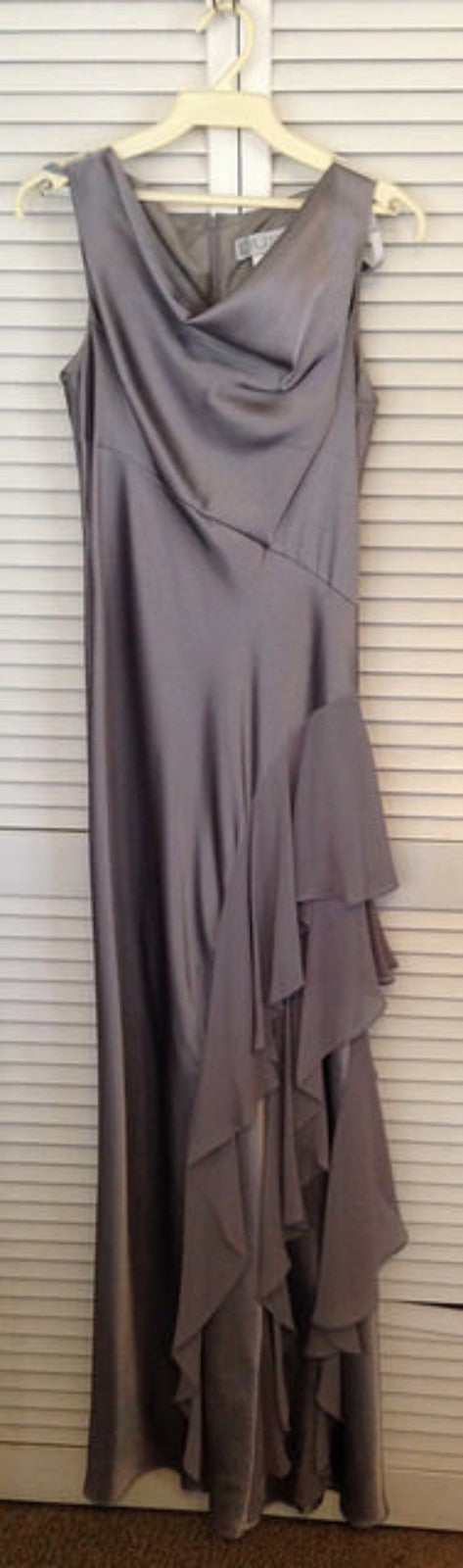 Women Dress Satin Gray Side Chiffon Ruffle Gray Size 8