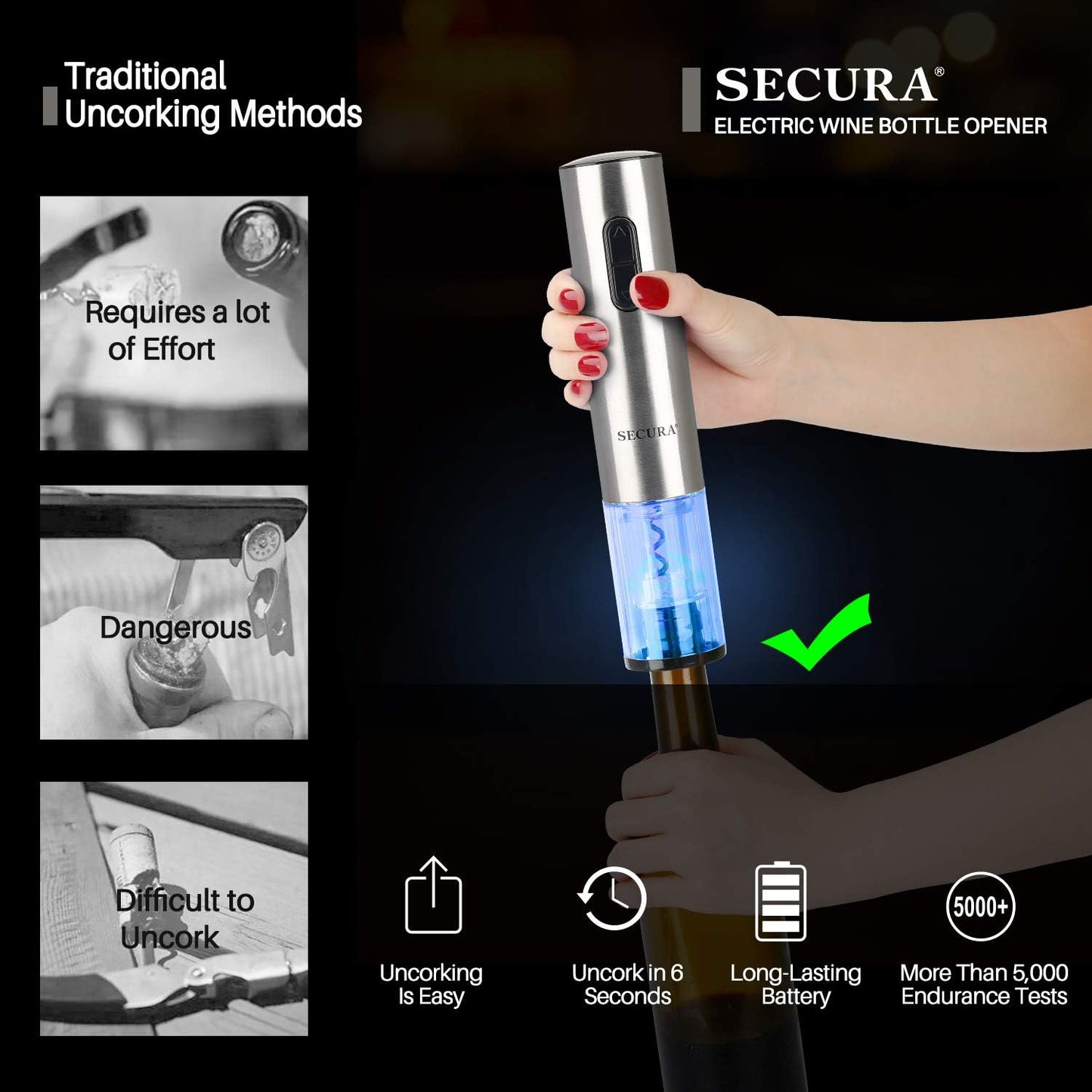 JP7 Secura Electric Wine Opener, Automatic Corkscrew with Foil Cutter, Rec