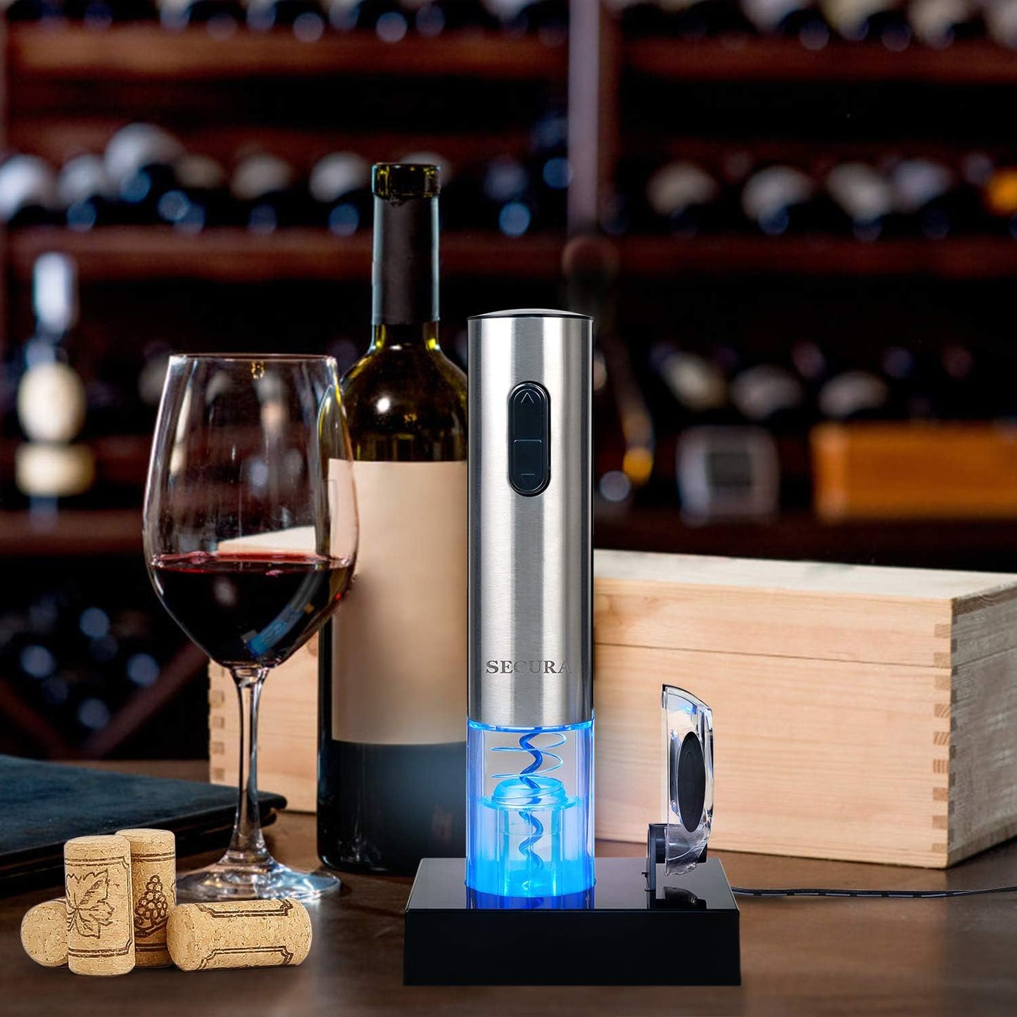JP7 Secura Electric Wine Opener, Automatic Corkscrew with Foil Cutter, Rec