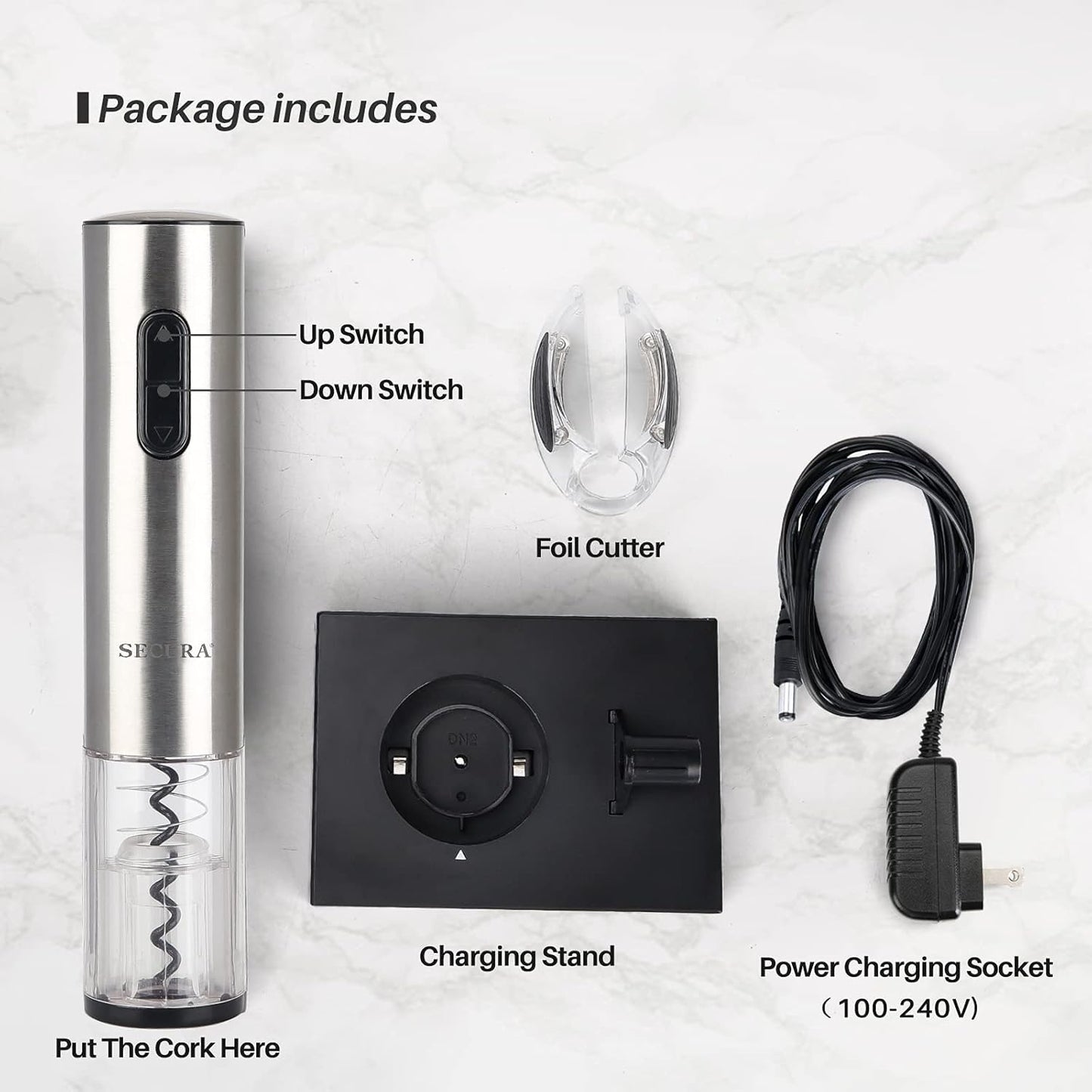 JP7 Secura Electric Wine Opener, Automatic Corkscrew with Foil Cutter, Rec