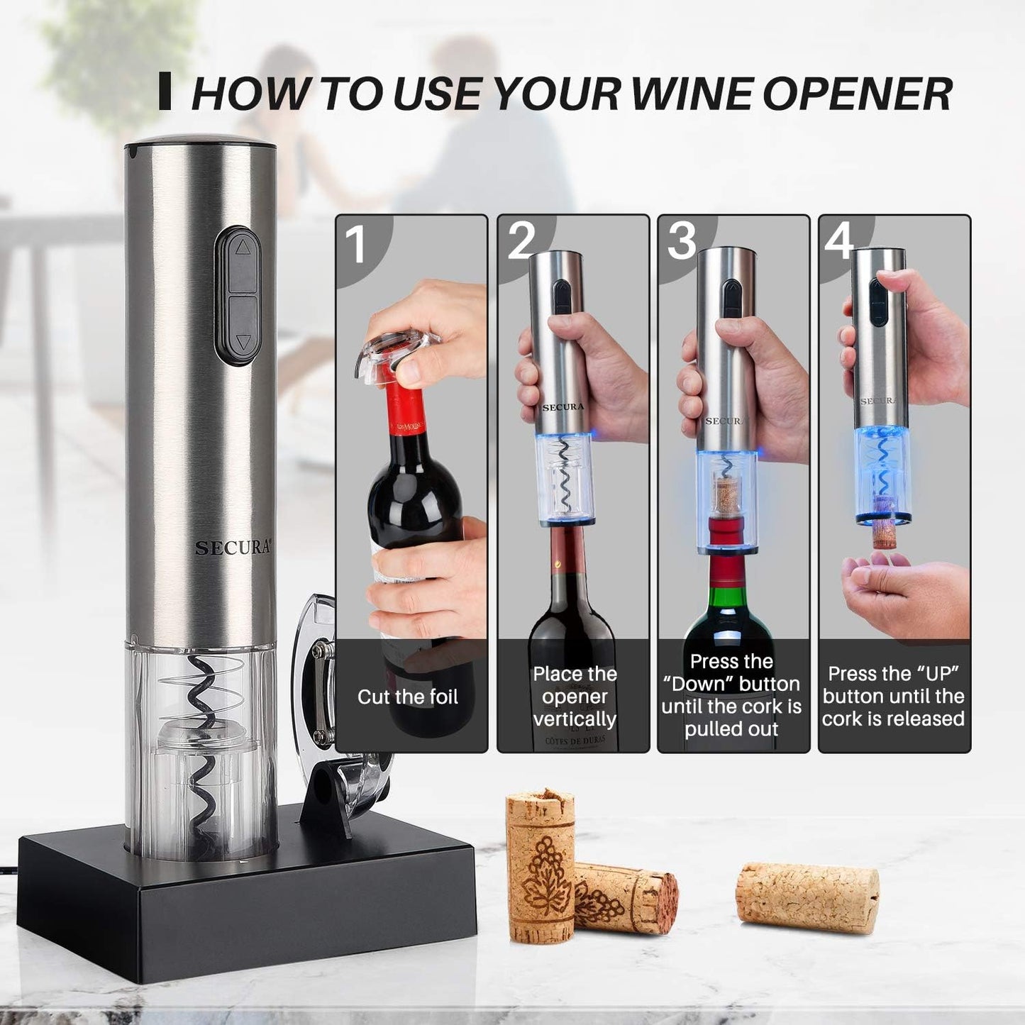 JP7 Secura Electric Wine Opener, Automatic Corkscrew with Foil Cutter, Rec