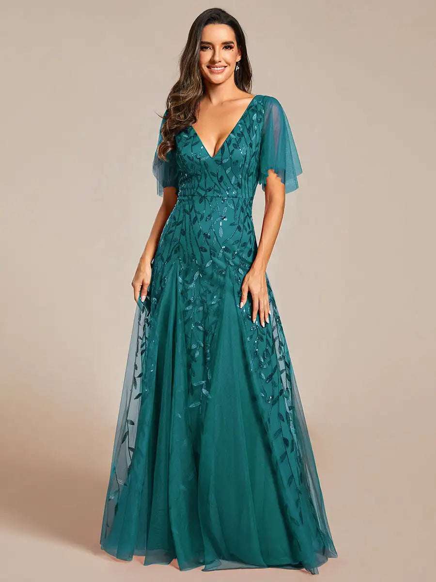 Elegant Evening Dress Deep V-Neck Ruffle Sleeves With Short Sleeves Ever Pretty of 2025 Teal Gauze Sequin Bridesmaid dress, Size 14 Green