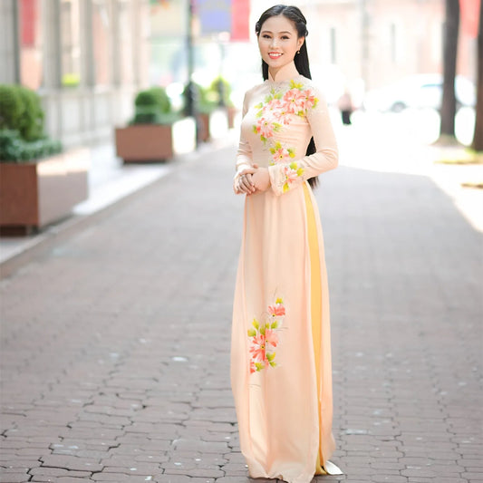 Beige hand painted flowers tailored aodai vietnam dress cheongsam vietnamese traditionally dress Pants and Robes