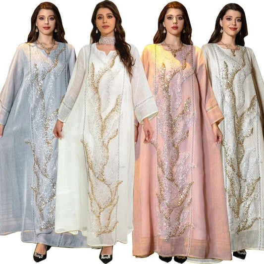 Traditional Muslim Women Dress Sequin Embroidery Dubai Robe Jalabiya for Women Reception Muslim Evening Dresses