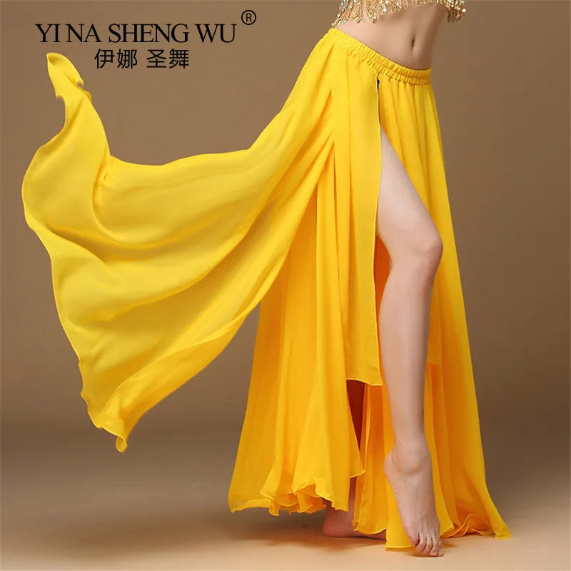 WoMen's Belly Dance Skirt Solid Color Oriental Dance High Waist India Bollywood Unilateral Practice Split Belly Dance Long Skirt