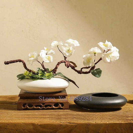 Chinese Style Ceramics Vase Flower Pot Black White Cobblestone Deformation Flower Arrangemen'St Accessories Modern Home Decoration