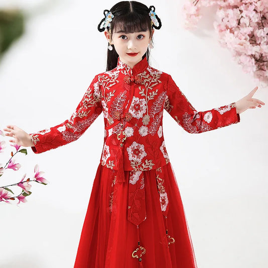 Autumn And Winter Girls' Hanfu Long Sleeves Embroidered Dress Red New Year'S Dress Party Dress Wedding Flower Children'S Wear