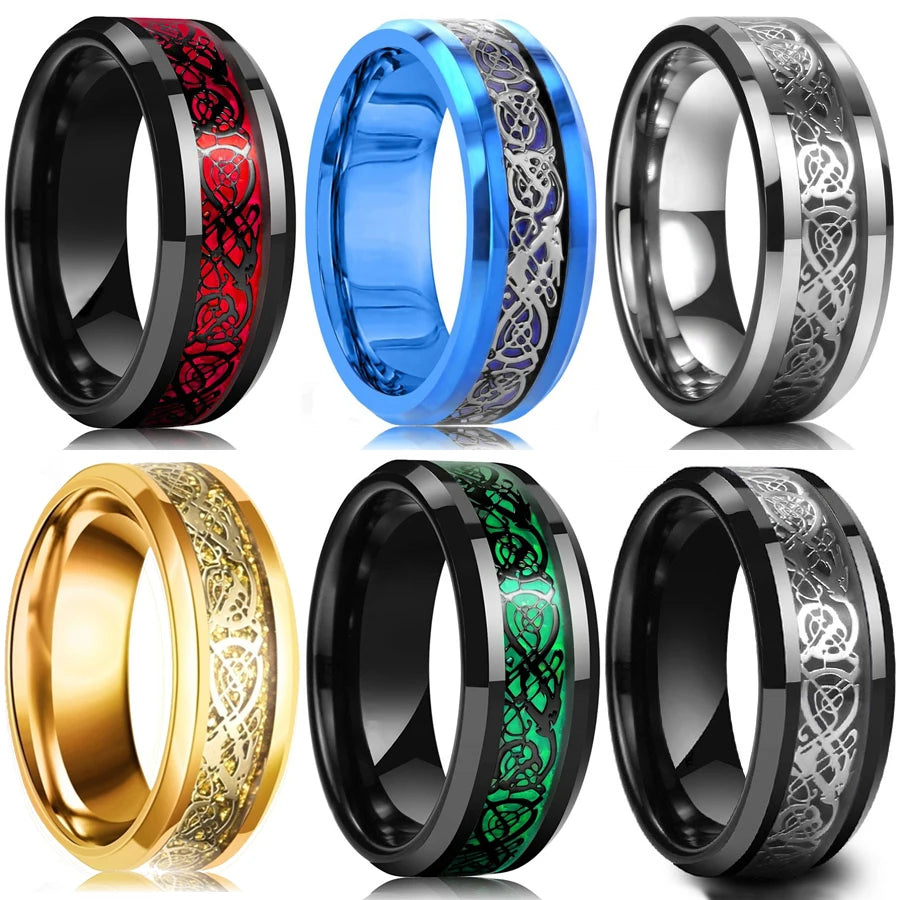 8Mm Men'S Stainless Steel Celtic Dragon Ring Carbon Fiber Inlay Wedding Band Sizes 6-13