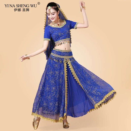 Bollywood Belly Dance Costume Set Indian Dance Sari 2/3/4/5pcs Chiffon Belly Dance Clothing Women Oriental Dance Practice Suit