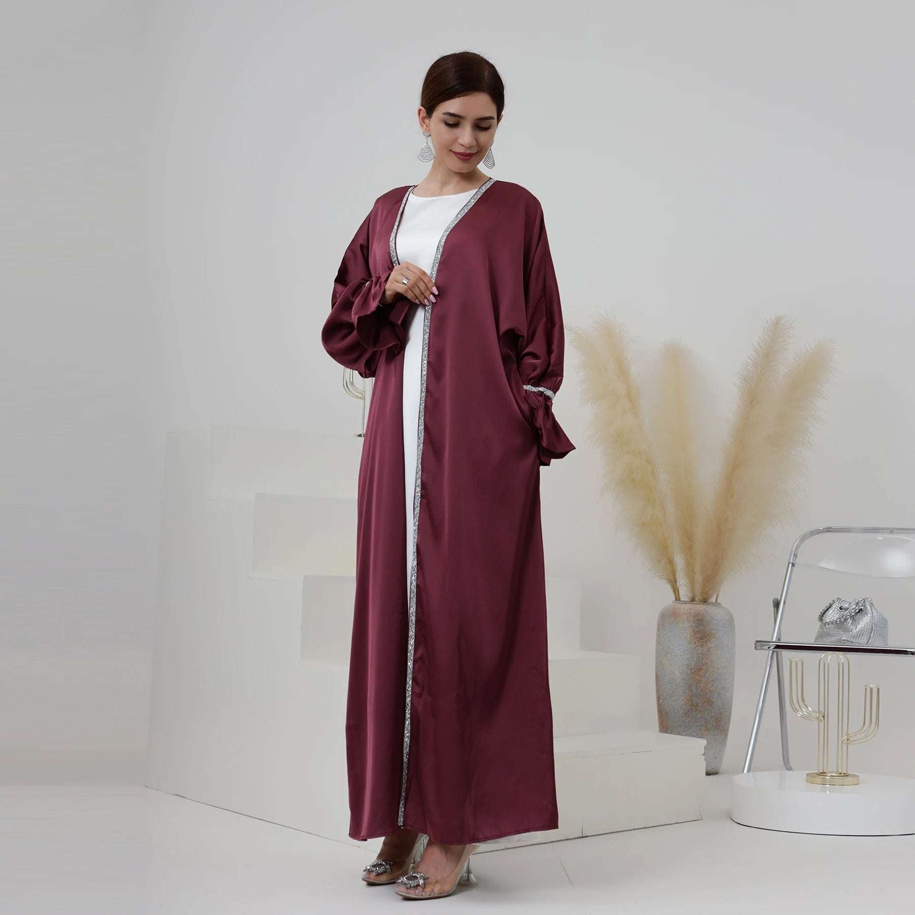 Loriya Satin Plain Abaya Women'S Muslim Dress Solid Color Kaftan Cardigan Open Abaya