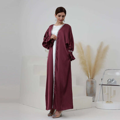 Loriya Satin Plain Abaya Women'S Muslim Dress Solid Color Kaftan Cardigan Open Abaya