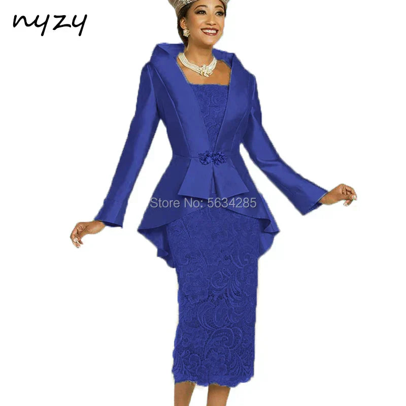 NYZY M23B Customized 2 Piece Gold Mother of the Bride Groom Lace Dresses with Jacket 2025 Party Cocktail Gowns Church Suits 2025