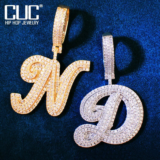 A-Z Double Layer Cursive Letter Hip Hop Pendant For Men Women Micro Pave Zircon Name Necklace Chain Rock Jewelry