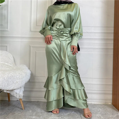 Islamic New Solid Satin/Round Neck Button up Shirt Elegant Long Dress With 3 Plies Pleated Slim Muslim Women's  Dress Set Robe