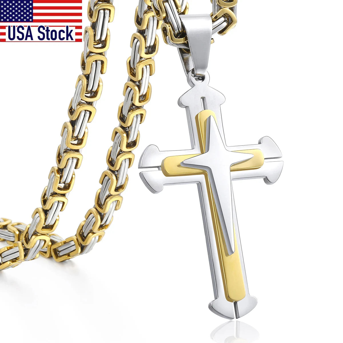 Men'S Cross Necklace Gold Color Black Cross Pendant Stainless Steel By
