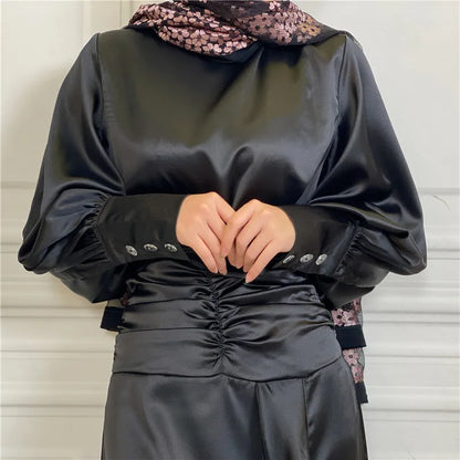 Islamic New Solid Satin/Round Neck Button up Shirt Elegant Long Dress With 3 Plies Pleated Slim Muslim Women's  Dress Set Robe