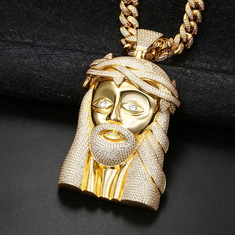 Super Big Gold Colour Jesus Copper Iced Out Cubic Zirconia Pendant Necklace For Men Hip Hop Jewelry Wholesale Drop Shipping