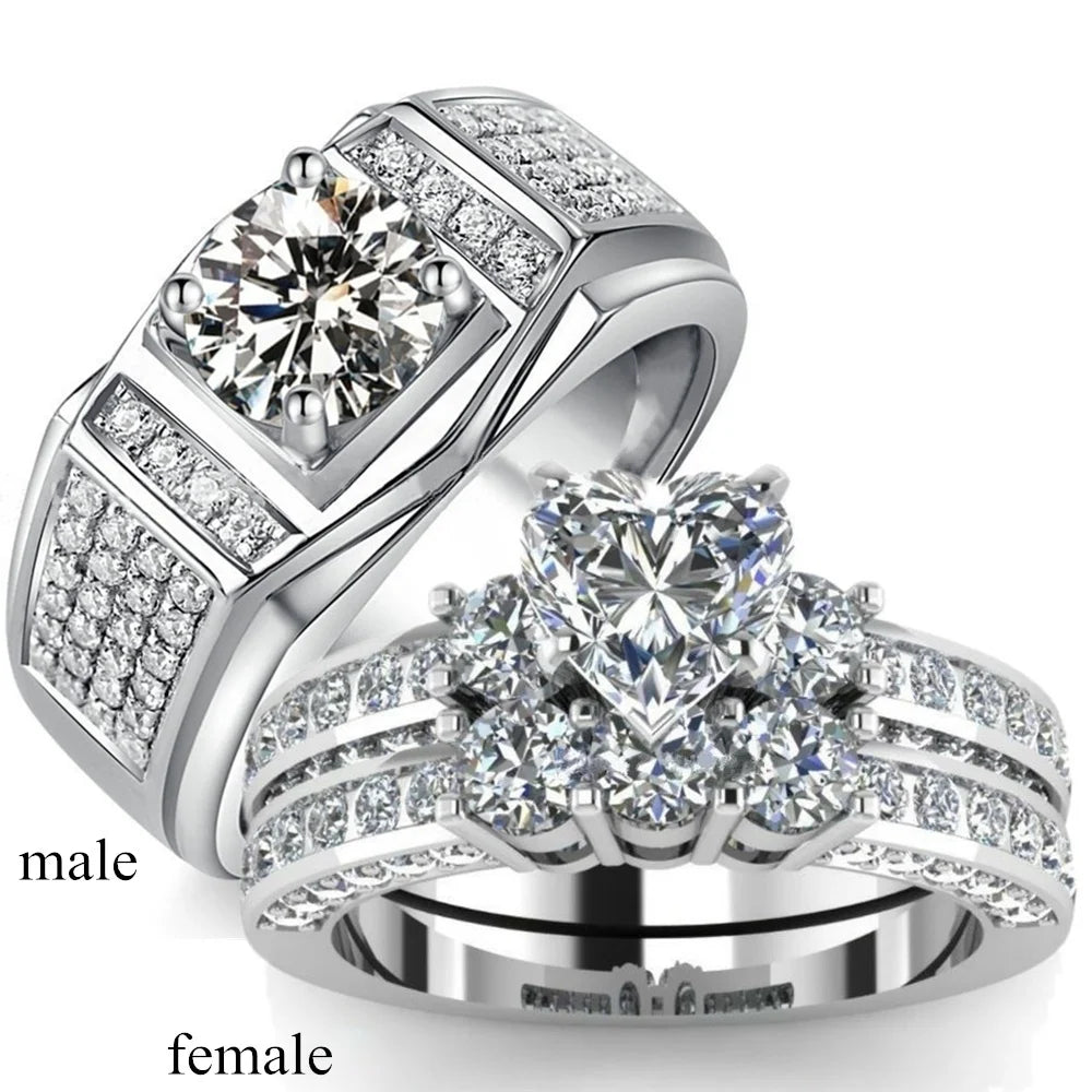 Luxury Couple Rings Women Heart White Crystal Rhinestones Rings Set Men Cz Stainless Steel Ring Wedding Engagement Jewelry