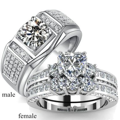 Luxury Couple Rings Women Heart White Crystal Rhinestones Rings Set Men Cz Stainless Steel Ring Wedding Engagement Jewelry