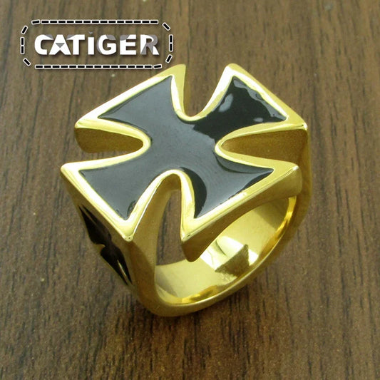Gothic German Army Iron Cross Ring Stainless Steel Jewelry Punk Golden Plated Black Resin Cross Ring
