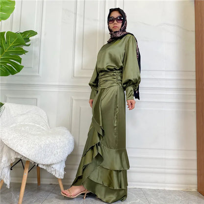 Islamic New Solid Satin/Round Neck Button up Shirt Elegant Long Dress With 3 Plies Pleated Slim Muslim Women's  Dress Set Robe