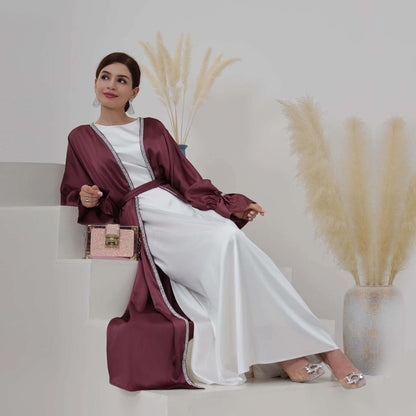 Loriya Satin Plain Abaya Women'S Muslim Dress Solid Color Kaftan Cardigan Open Abaya
