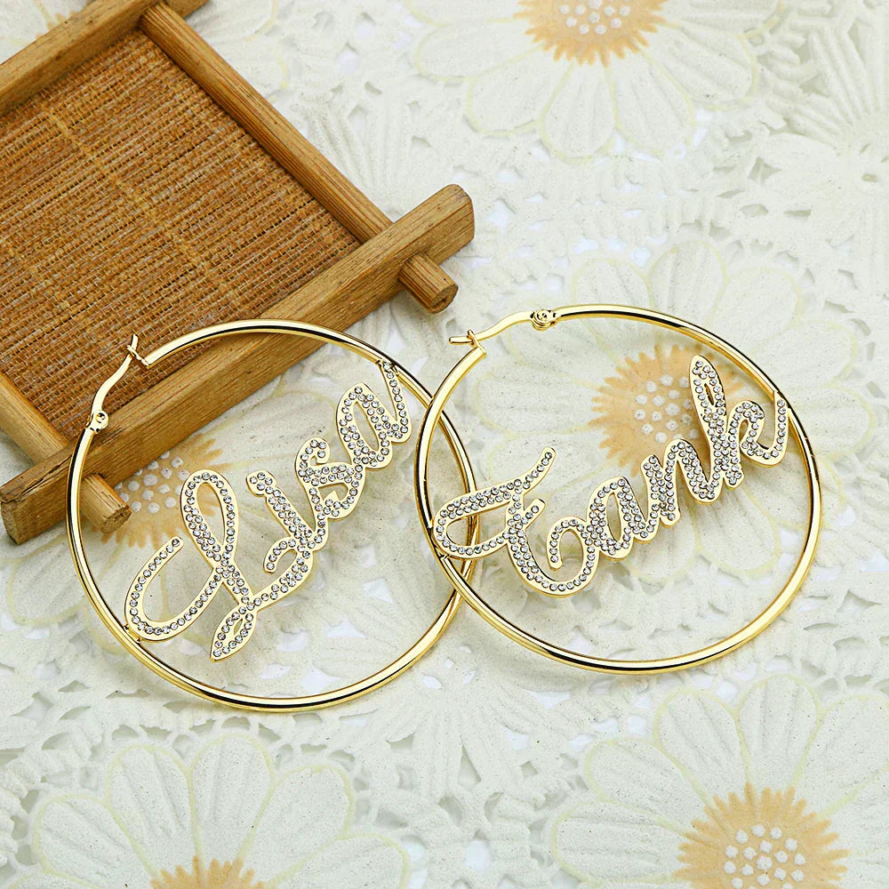 40Mm-100Mm Crystal Name Earrings Nameplate Custom Hoop Earring For Women'S Wedding Dubai Trendy Earrings Boucle D'Oreille Femme