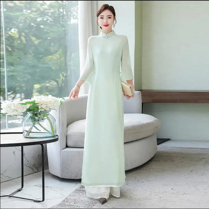 Summer Traditional Vietnam Ao Dai Chiffon Chinese Cheongsam Mint Green Women Oriental Chipao Dress