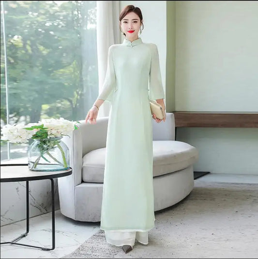 Summer Traditional Vietnam Ao dai Chiffon Chinese Cheongsam Mint green Women Oriental Chipao Dress