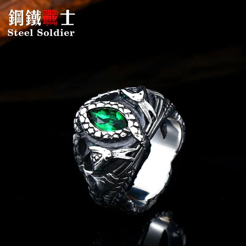 Steel soldier the ring the Balah  fashion snake with green stone power stainless steel man religion jewelry