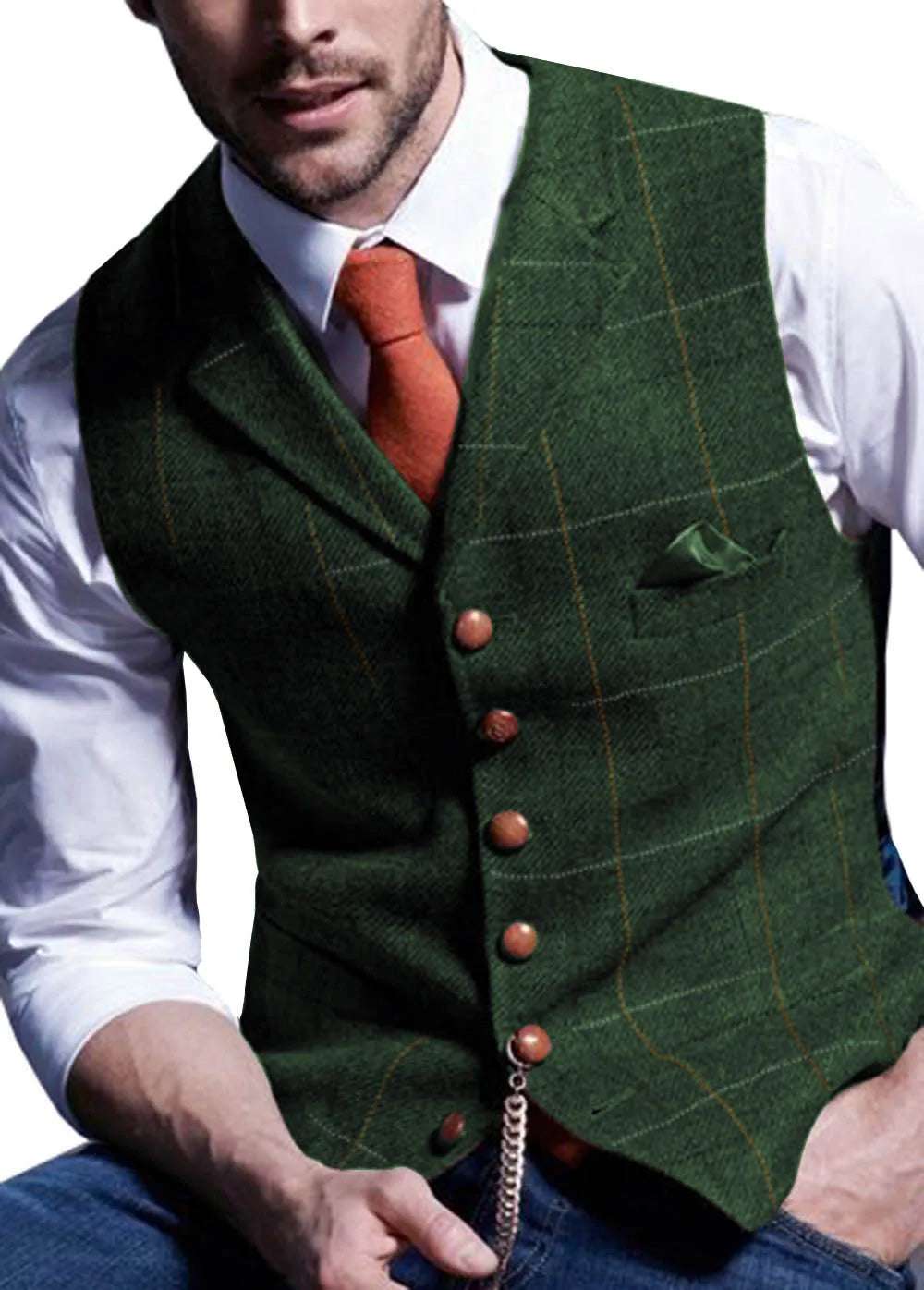 Men'S Suit Vest Notched Plaid Wool Herringbone Tweed Waistcoat Casual Formal Business Groomman For Wedding Green/Black/Green/Grey