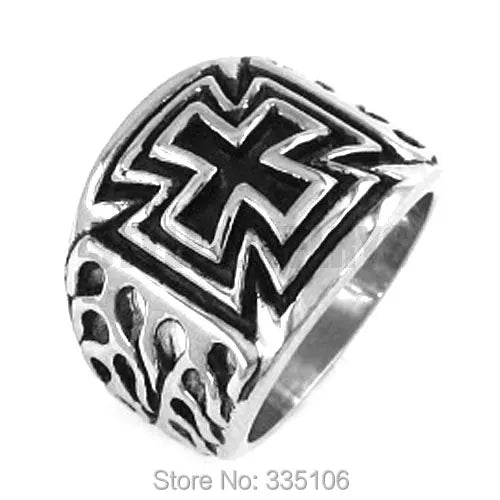 Classc Flame Cross Ring Stainless Steel Jewelry Cool Tribal German Army Iron Cross Biker Men Boys Ring Swr0195A