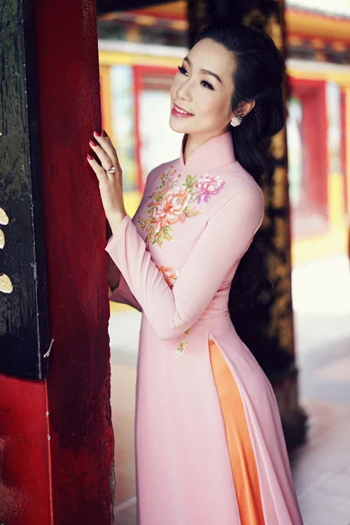 Pink Print Slit Women Aodai Vietnam Clothing Cheongsam Aodai Vietnam Dress Vietnamese Traditionally Dress Cheongsam