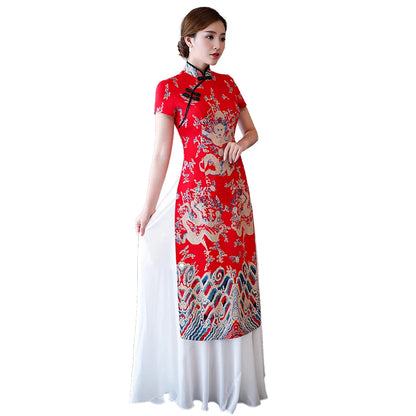 Asian Robes Traditional Vietnam Aodai Graceful Stand Collar Elegant Improved Qipao Dragon Pattern Long Cheongsam Dress