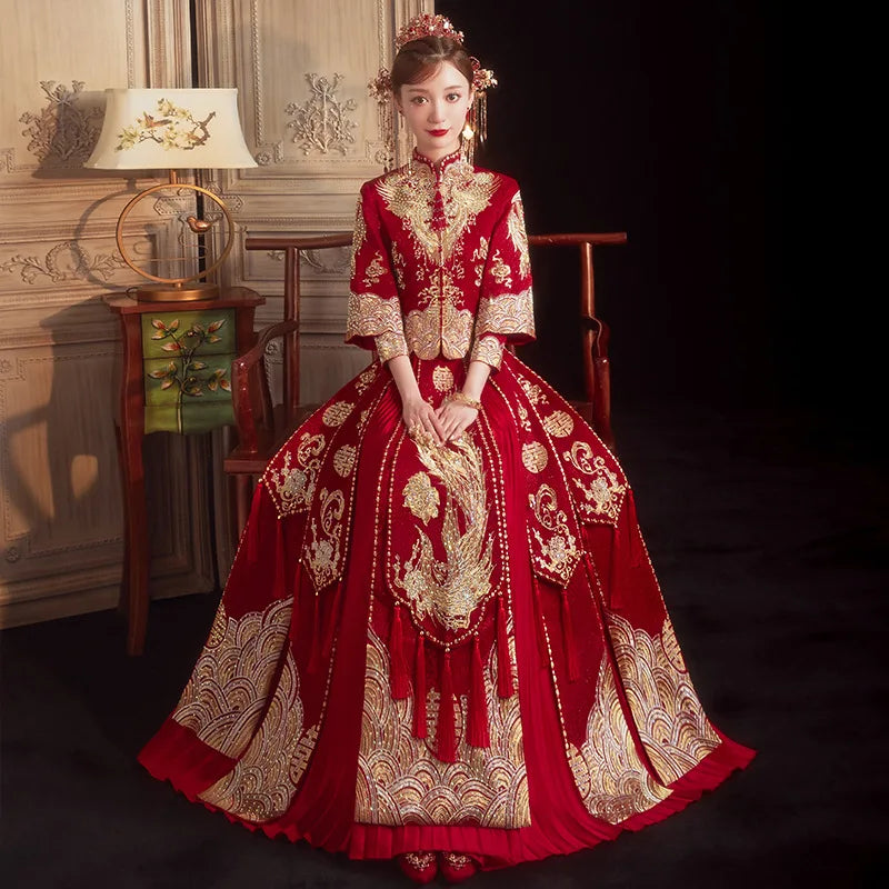 Chinese Traditional Women Wedding Dress Embroidery Rhinestone Long Che