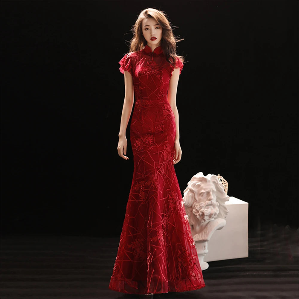 Mandarin Collar Women Qipao Red Bridal Wedding Mermaid Dress Slim Elegant Cheongsam Vintage Button Big Size 3Xl Maxi Dress