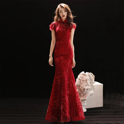 Mandarin Collar Women Qipao Red Bridal Wedding Mermaid Dress Slim Elegant Cheongsam Vintage Button Big Size 3Xl Maxi Dress
