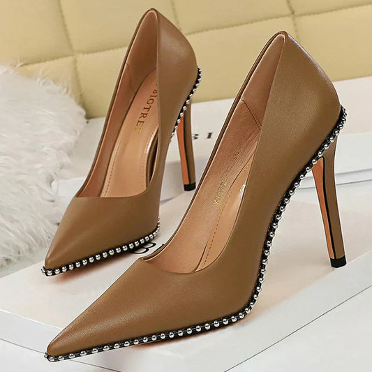 BIGTREE Shoes  Rivets String Bead WoMen's Pumps Pu Leather Shoes High Heels WoMen's Office Shoes Stiletto Ladies Plus Size 43