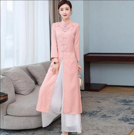 Spring Cheongsam Women Dress With Pants Improvement Vietnam Ao Dai Vintage Suit  Pink
