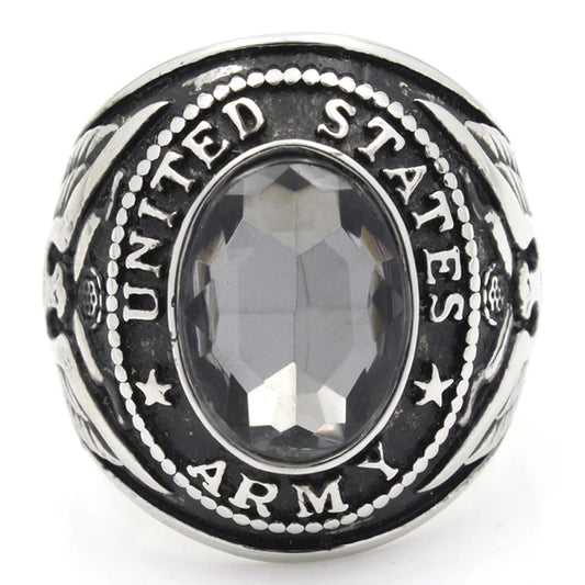 Men`s United States US Army Military Veteran Stone 316L Stainless Steel Ring