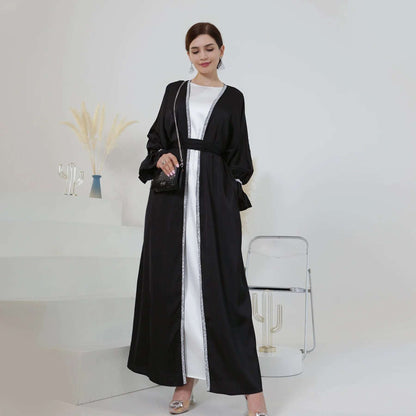 Loriya Satin Plain Abaya Women'S Muslim Dress Solid Color Kaftan Cardigan Open Abaya