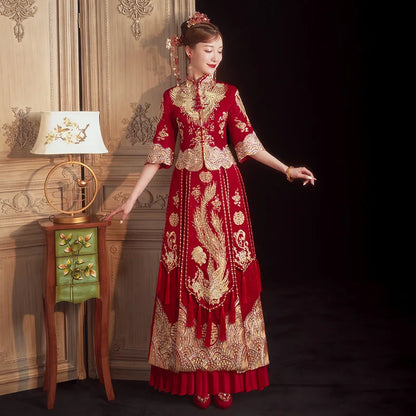 Chinese Traditional Women Wedding Dress Embroidery Rhinestone Long Che